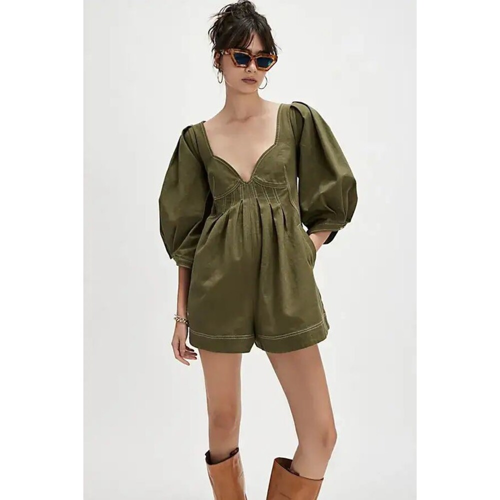 Free people Regret Me Romper Denim Twill Green Size 12 NEW